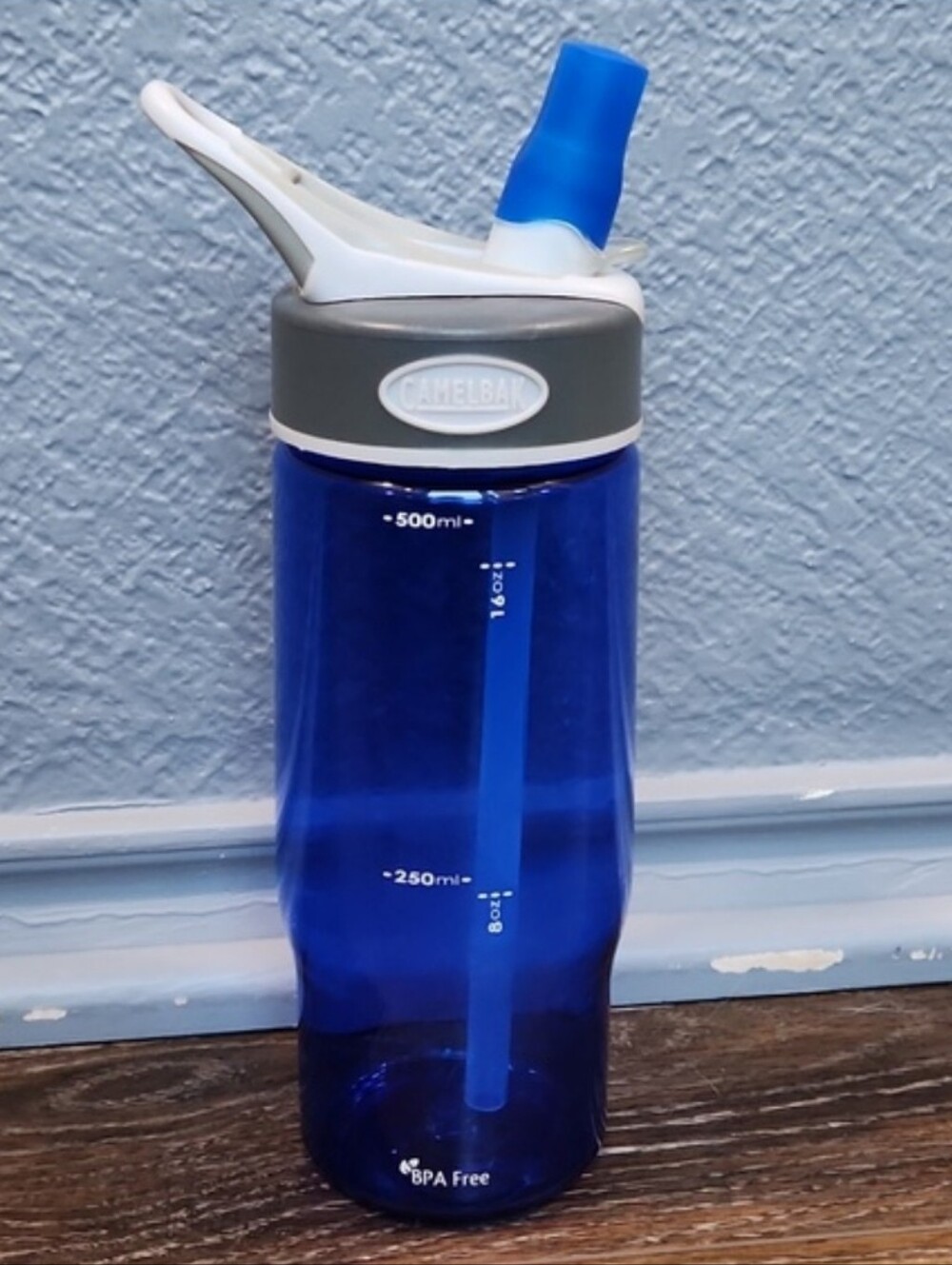 Camelbak 16 oz Blue Clear Gray Plastic Water Bottle Flip Bite Straw
